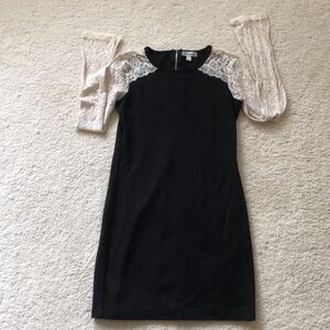 Olsenboye Black Body-con Dress with ecru/white lace sleeves